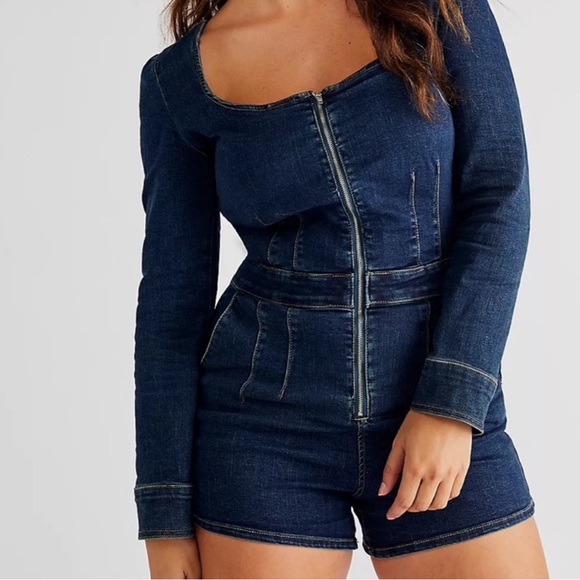 Free People CRVY High Society Denim Zip Romper - Picture 1 of 13